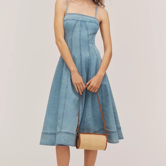 Anthropologie Pilcro Square Neck Seamed Chambray Midi Dress Medium Petite - Picture 1 of 13